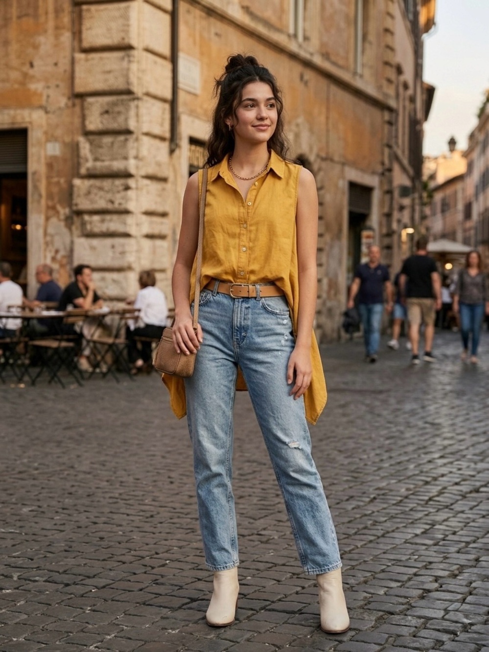 Fever Mustard Sleeveless Button-Down Handkerchief Hem Top
